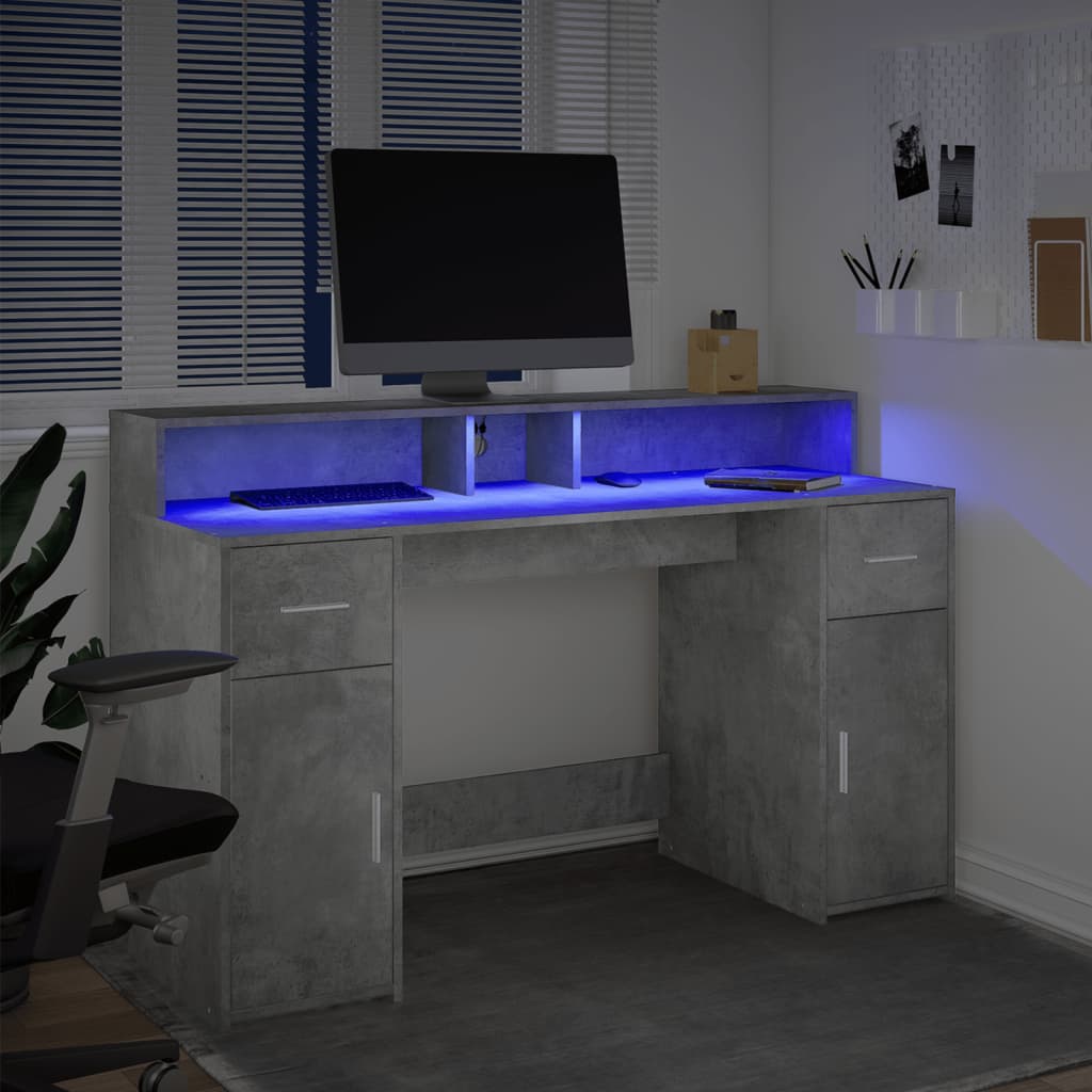 vidaXL Escritorio con LED madera ingeniería gris hormigón 140x55x91 cm