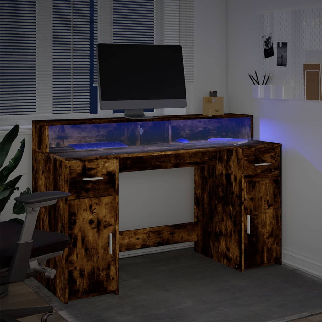 vidaXL Escritorio con LED madera ingeniería roble ahumado 140x55x91 cm