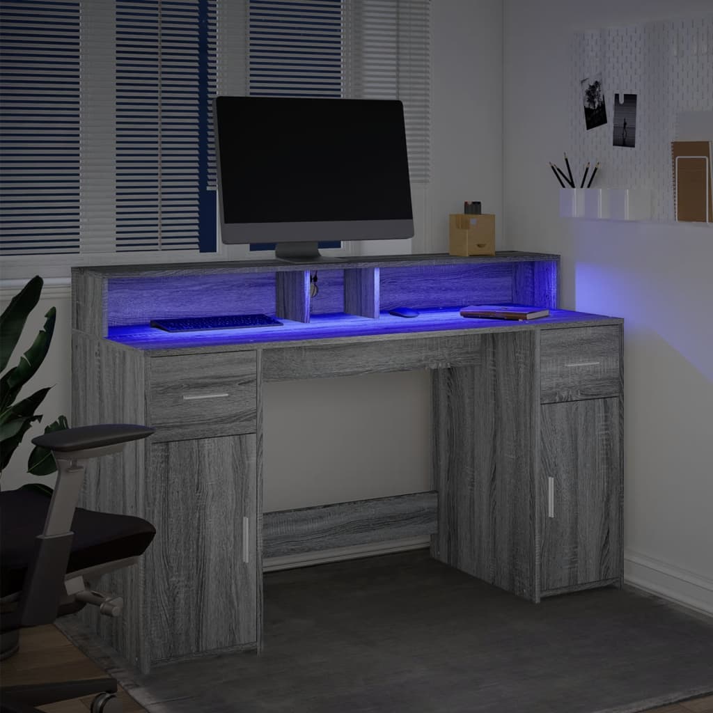 vidaXL Escritorio con LED madera ingeniería gris sonoma 140x55x91 cm