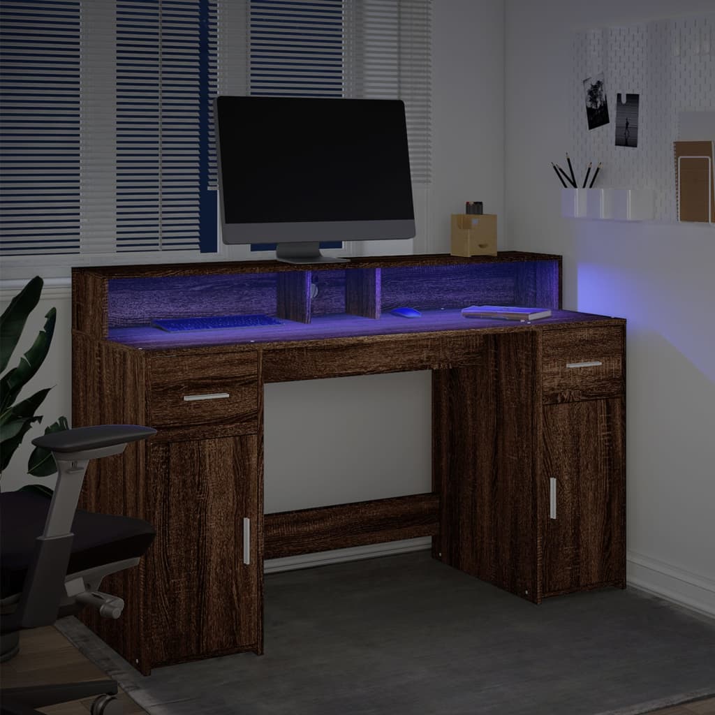 vidaXL Escritorio con LED madera ingeniería marrón roble 140x55x91 cm