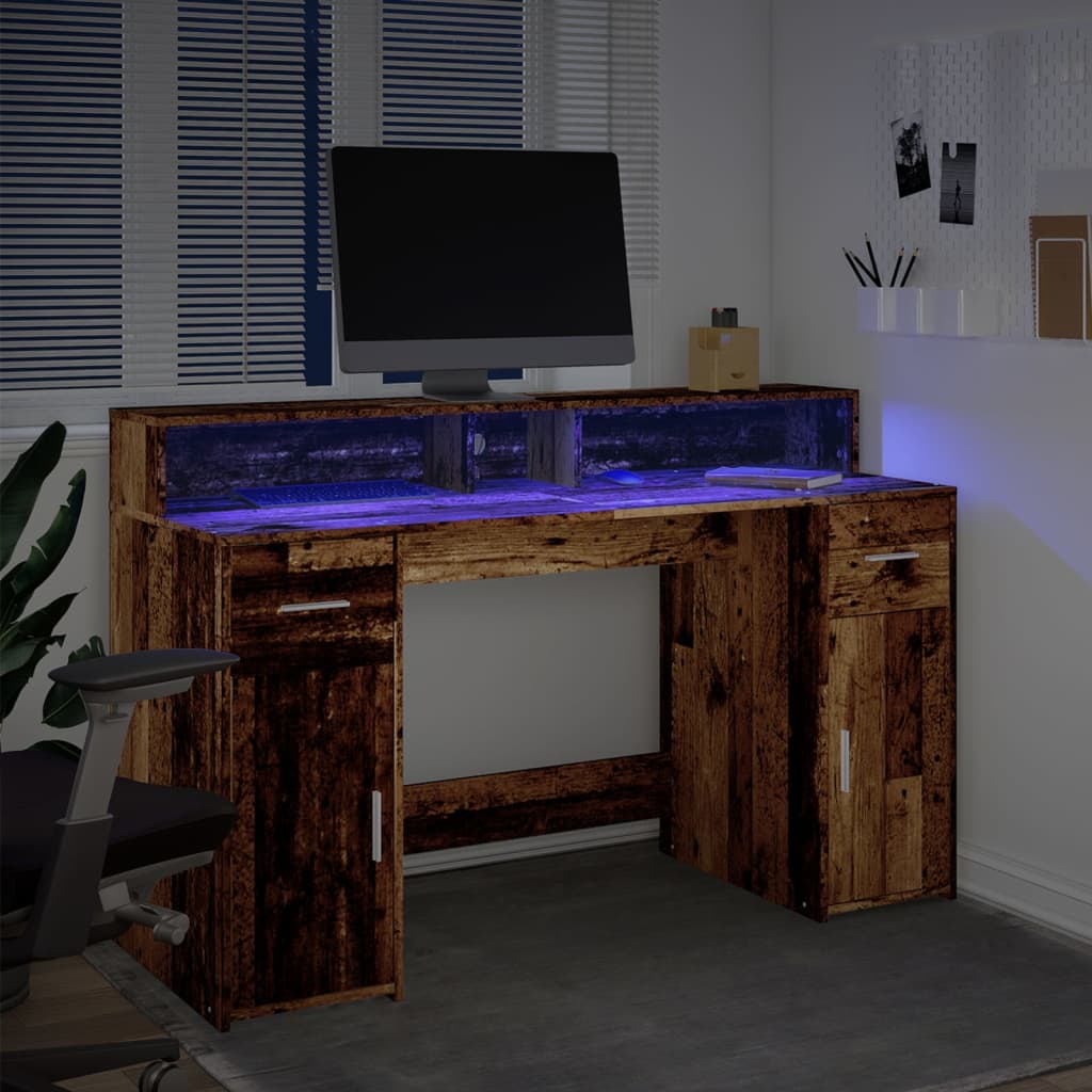 vidaXL Escritorio con LED madera ingeniería envejecida 140x55x91 cm