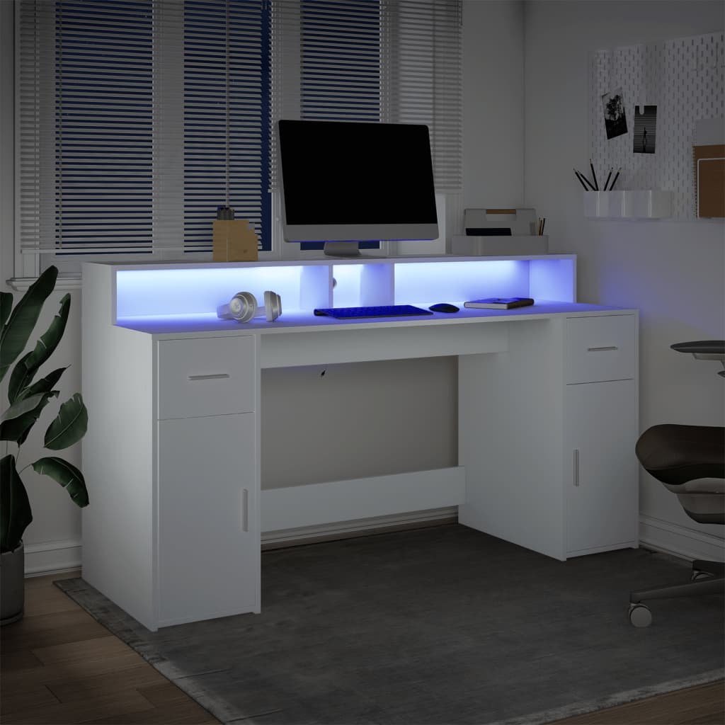 vidaXL Escritorio con luz LED madera ingeniería blanco 160x55x91 cm