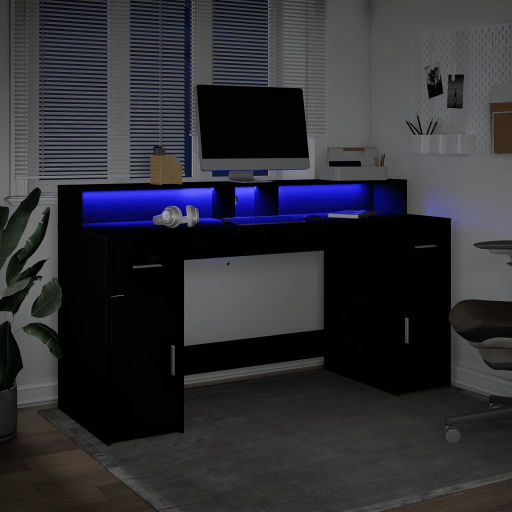 vidaXL Escritorio con luz LED madera ingeniería negro 160x55x91 cm