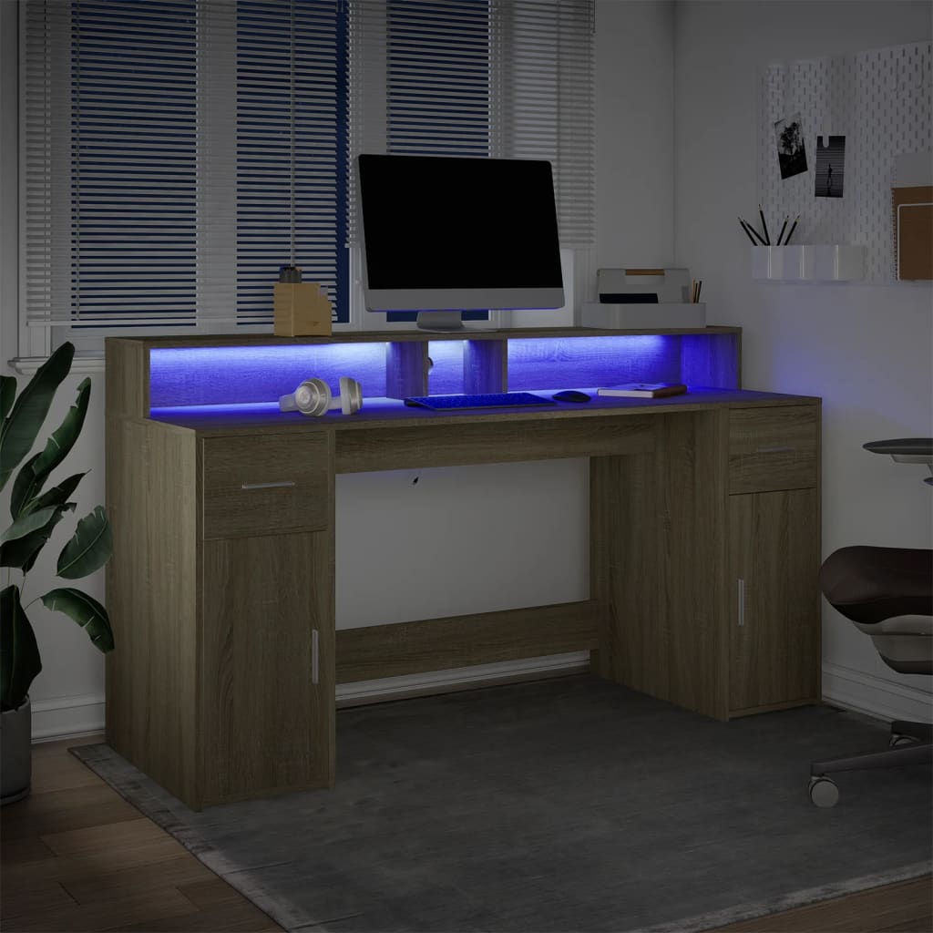 vidaXL Escritorio con LED madera ingeniería roble Sonoma 160x55x91 cm