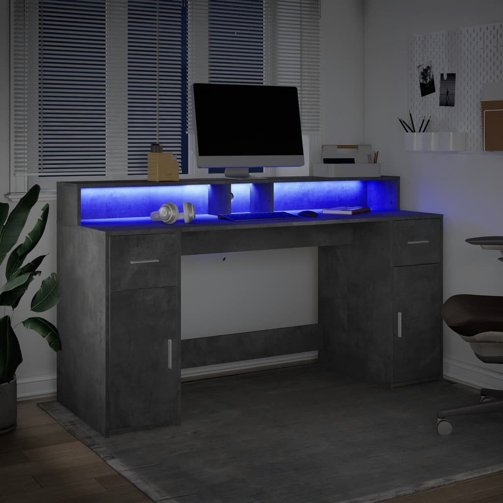 vidaXL Escritorio con LED madera ingeniería gris hormigón 160x55x91 cm