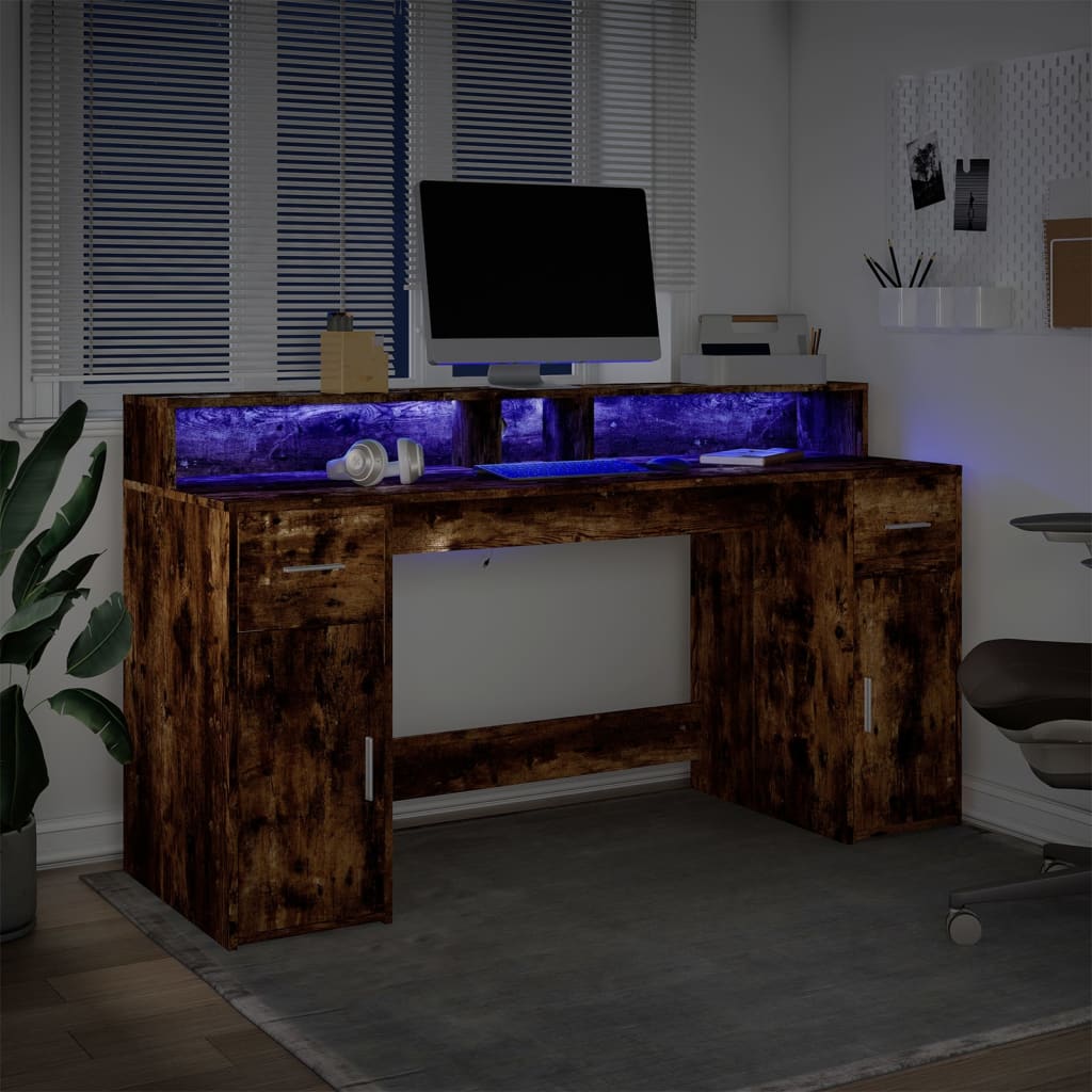 vidaXL Escritorio con LED madera ingeniería roble ahumado 160x55x91 cm