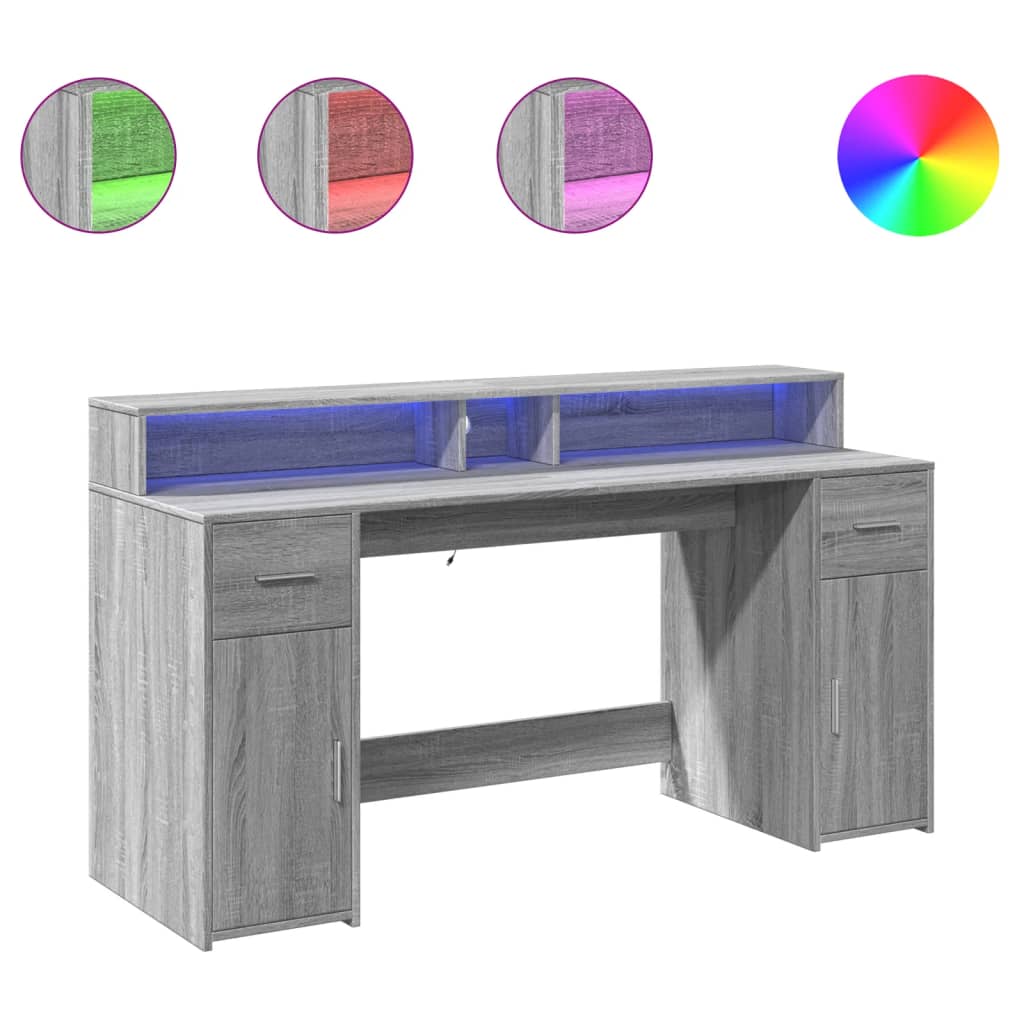 vidaXL Escritorio con LED madera ingeniería gris sonoma 160x55x91 cm