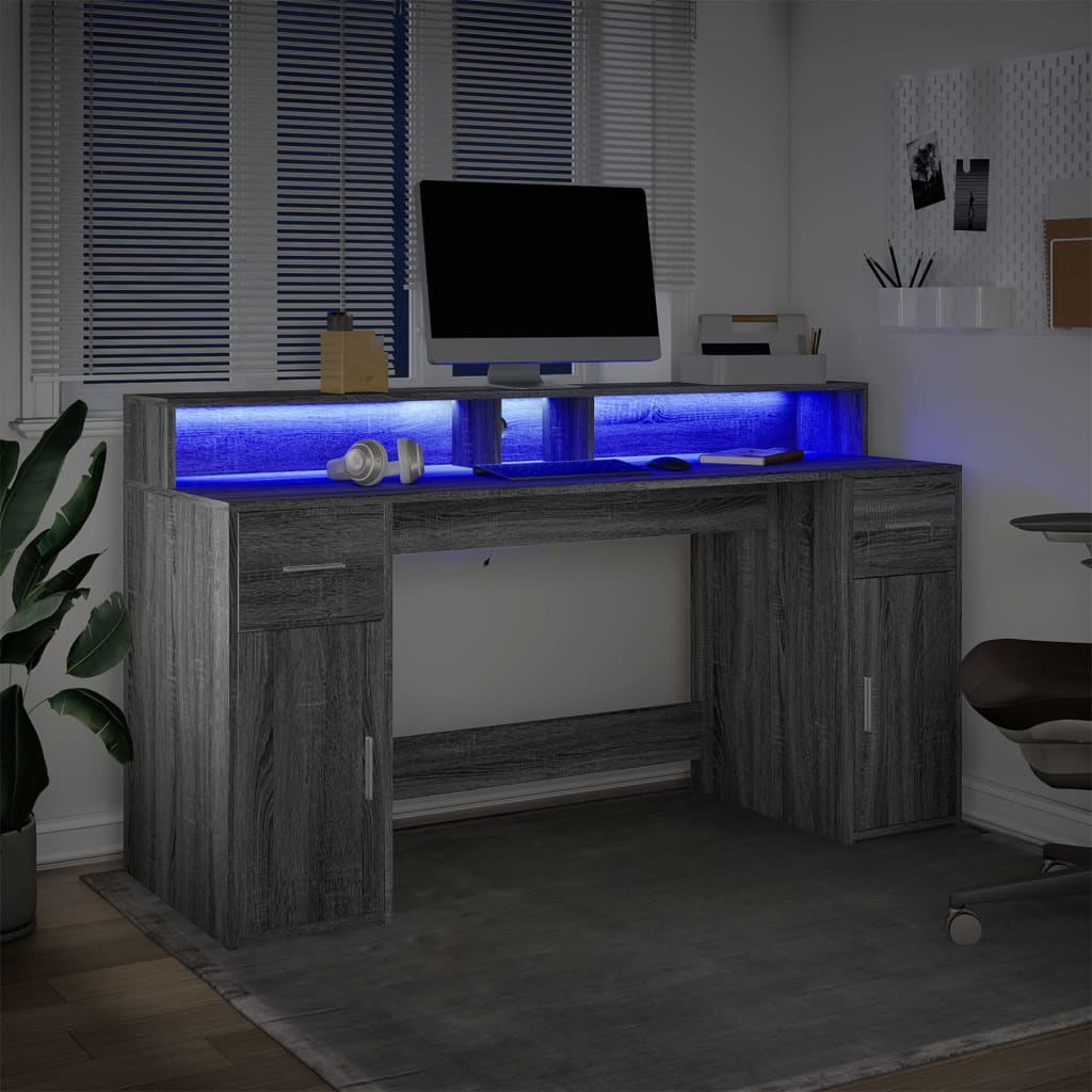 vidaXL Escritorio con LED madera ingeniería gris sonoma 160x55x91 cm