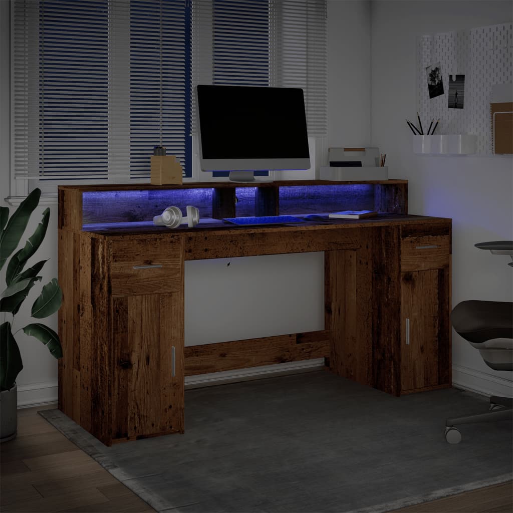 vidaXL Escritorio con LED madera ingeniería envejecida 160x55x91 cm