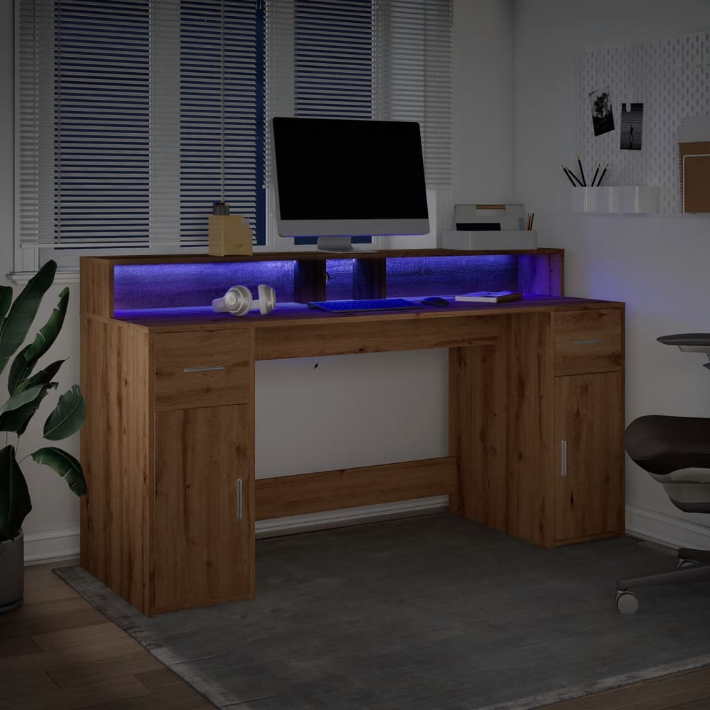 vidaXL Escritorio con LED madera ingeniería roble artisian 160x55x91cm