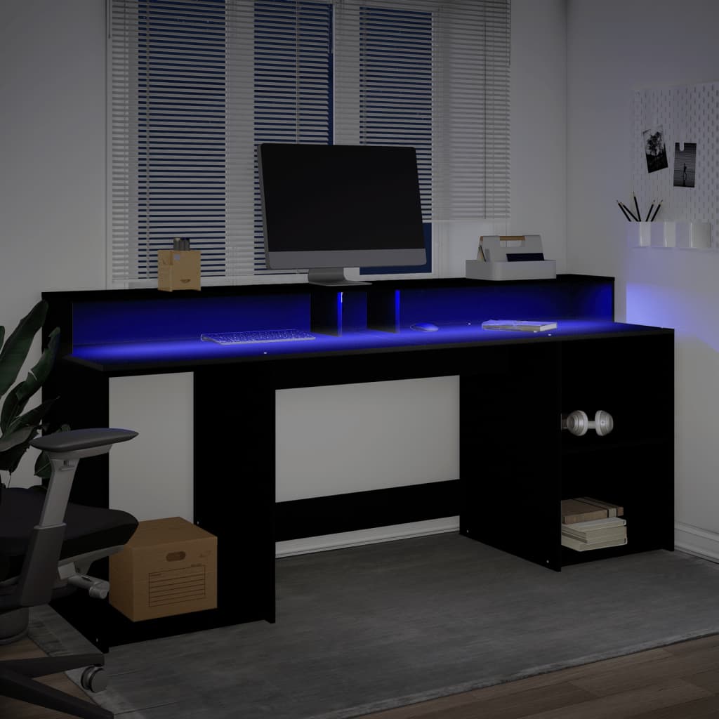 vidaXL Escritorio con luz LED madera ingeniería negro 200x55x91 cm