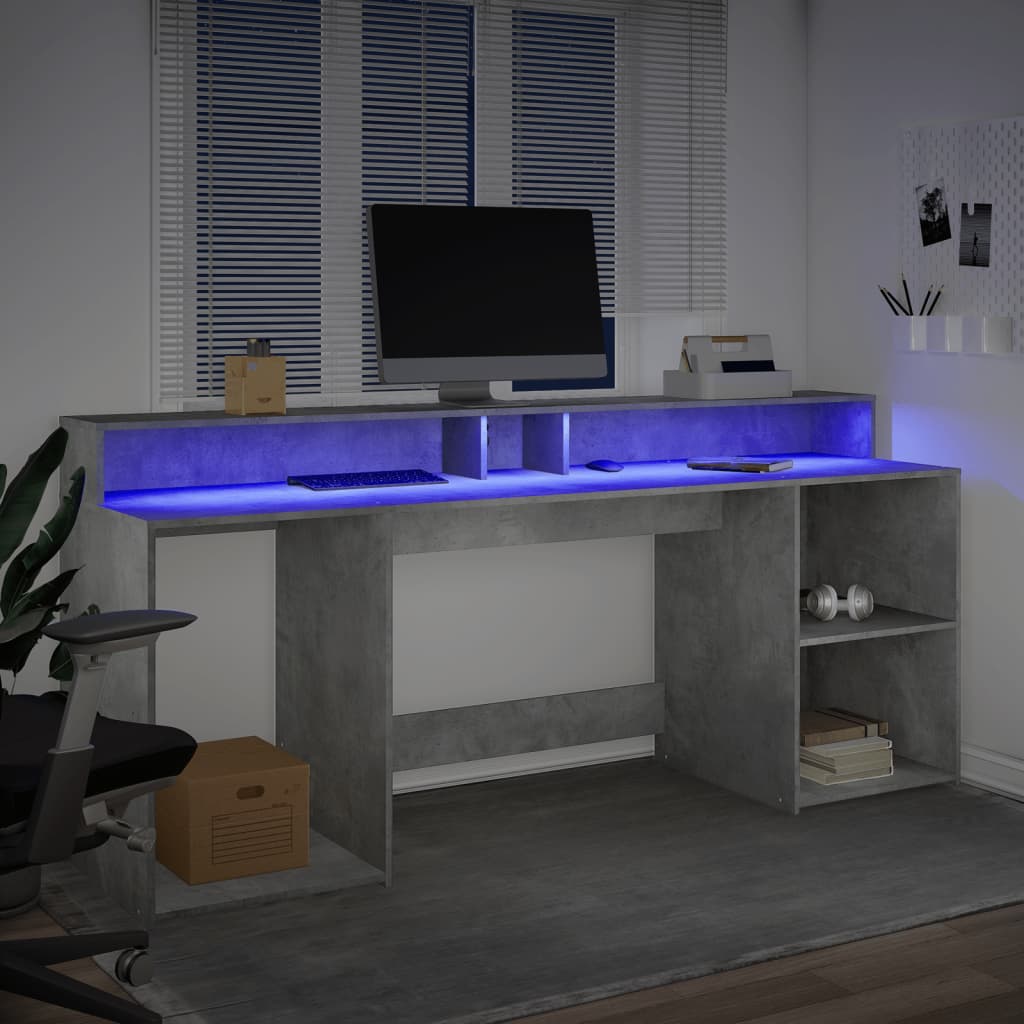 vidaXL Escritorio con LED madera ingeniería gris hormigón 200x55x91 cm