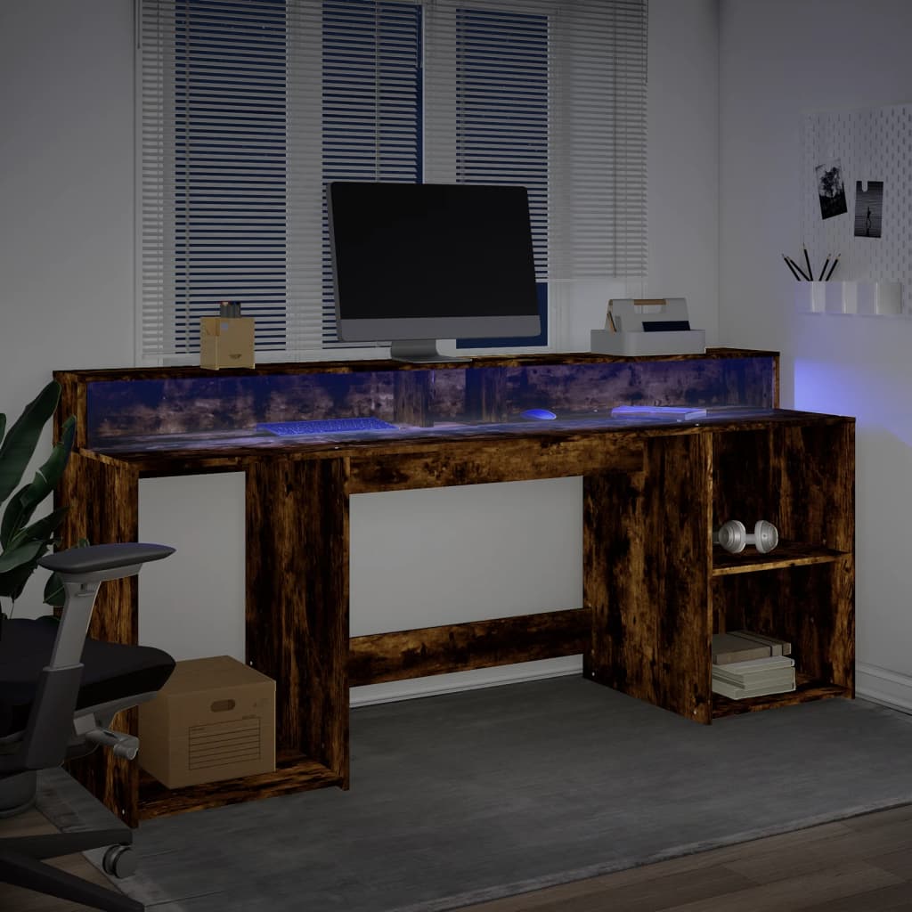 vidaXL Escritorio con LED madera ingeniería roble ahumado 200x55x91 cm