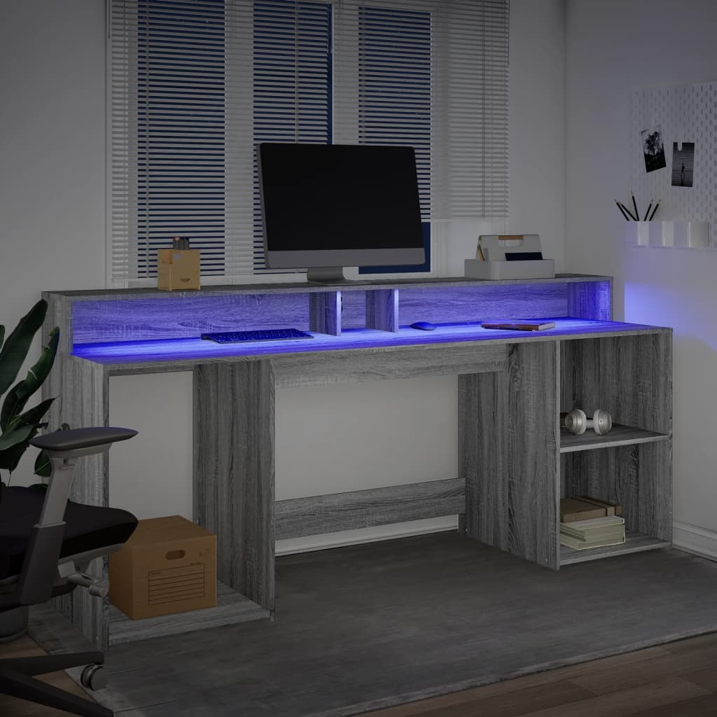 vidaXL Escritorio con LED madera ingeniería gris sonoma 200x55x91 cm