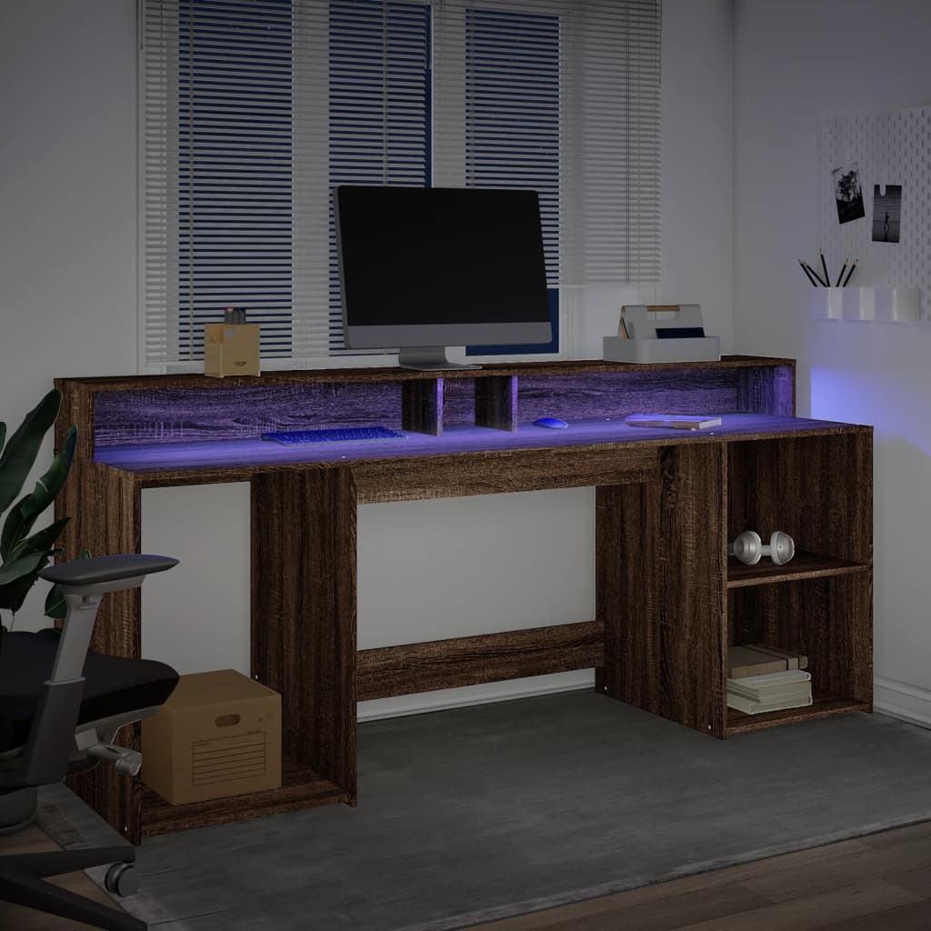 vidaXL Escritorio con LED madera ingeniería marrón roble 200x55x91 cm