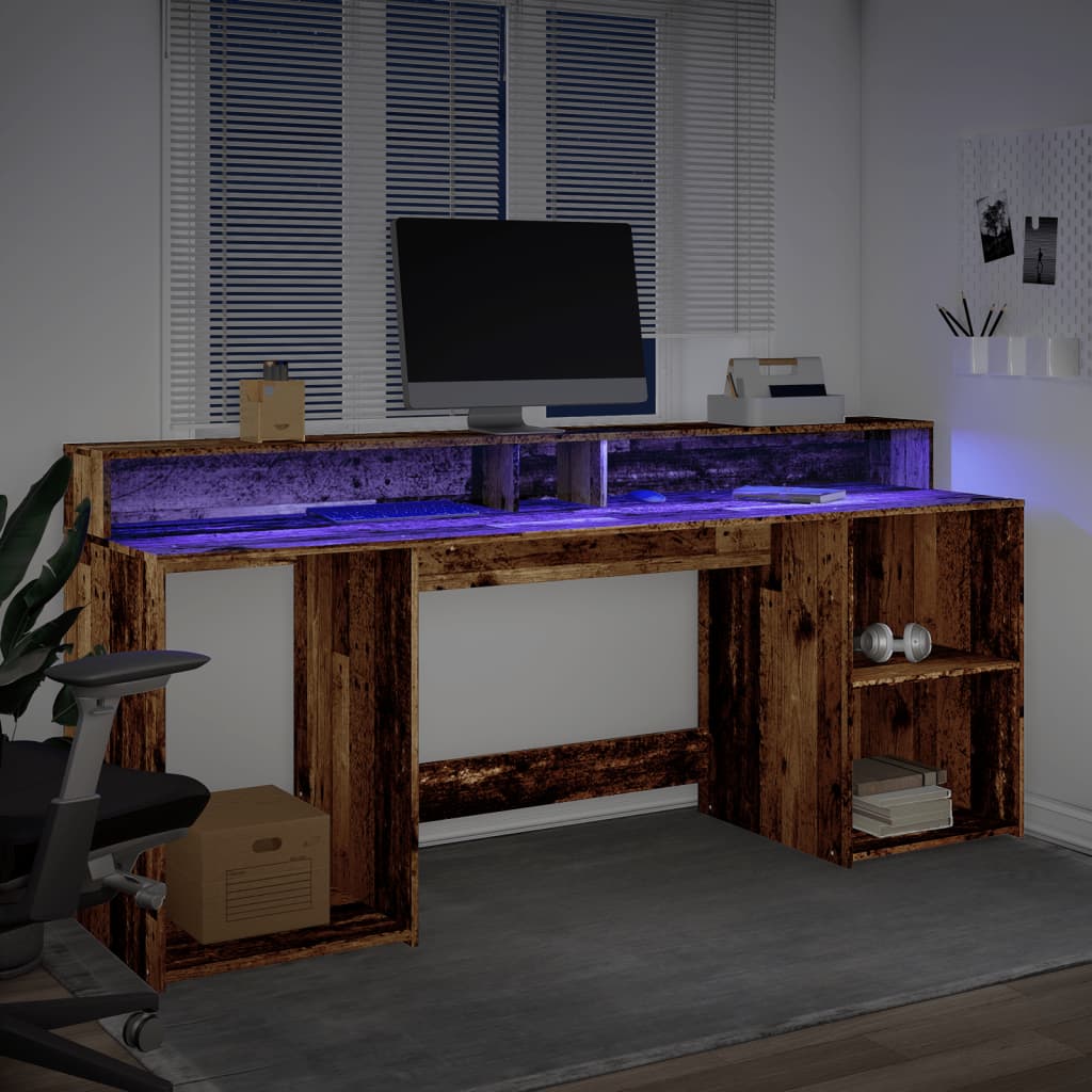 vidaXL Escritorio con LED madera ingeniería envejecida 200x55x91 cm