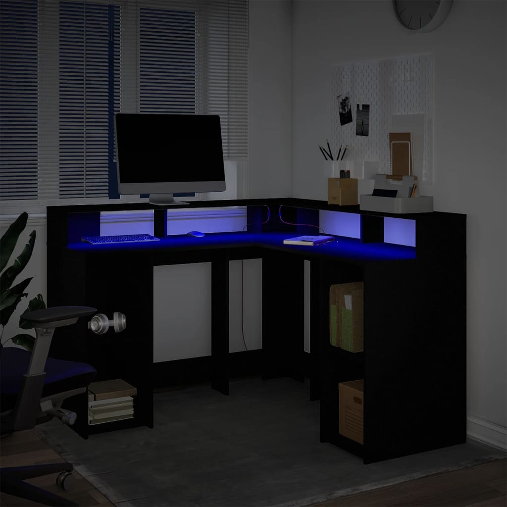 vidaXL Escritorio con luz LED madera ingeniería negro 130x130x91 cm