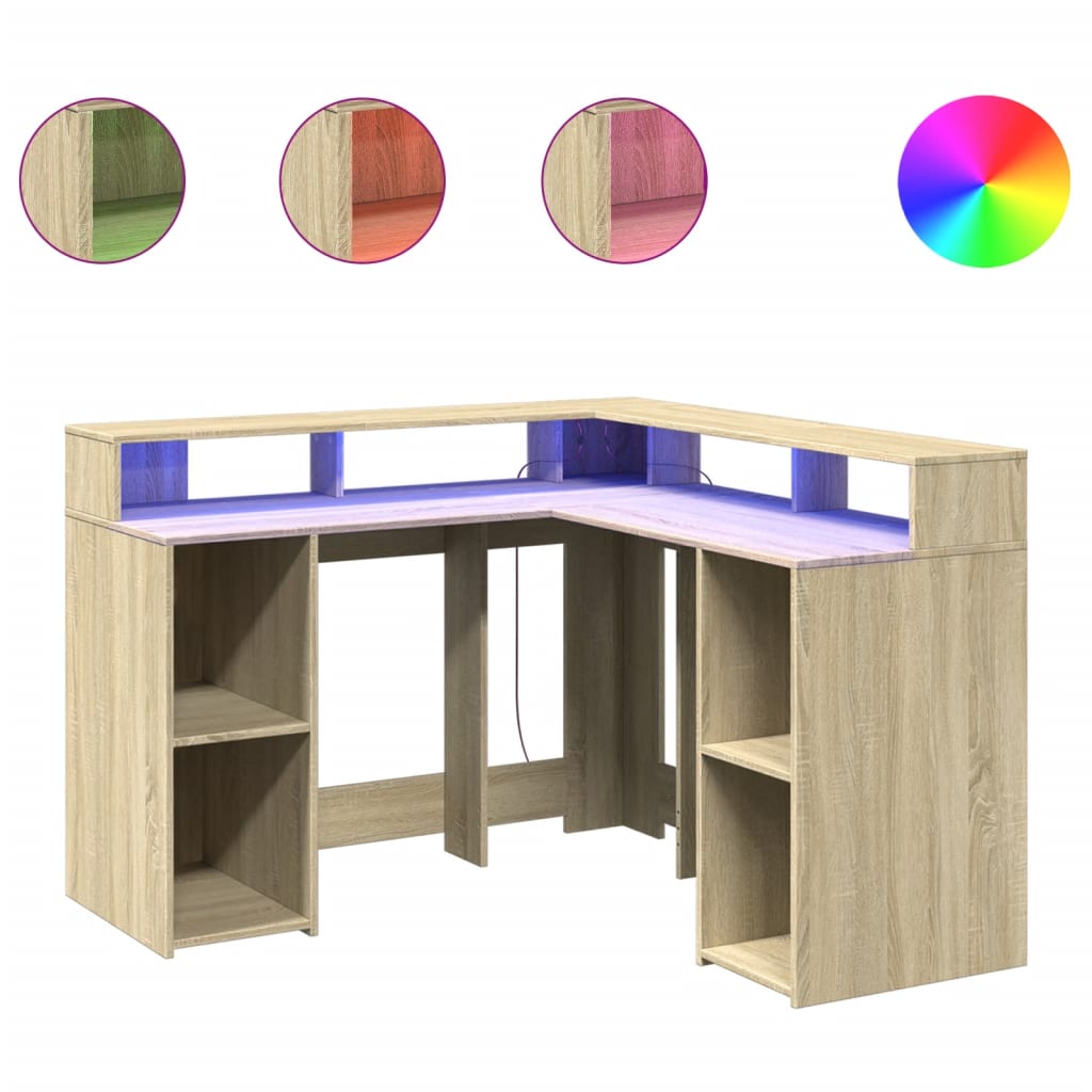 vidaXL Escritorio con LED madera ingeniería roble Sonoma 130x130x91 cm