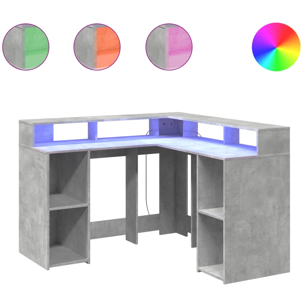 vidaXL Escritorio con LED madera ingeniería gris hormigón 130x130x91cm