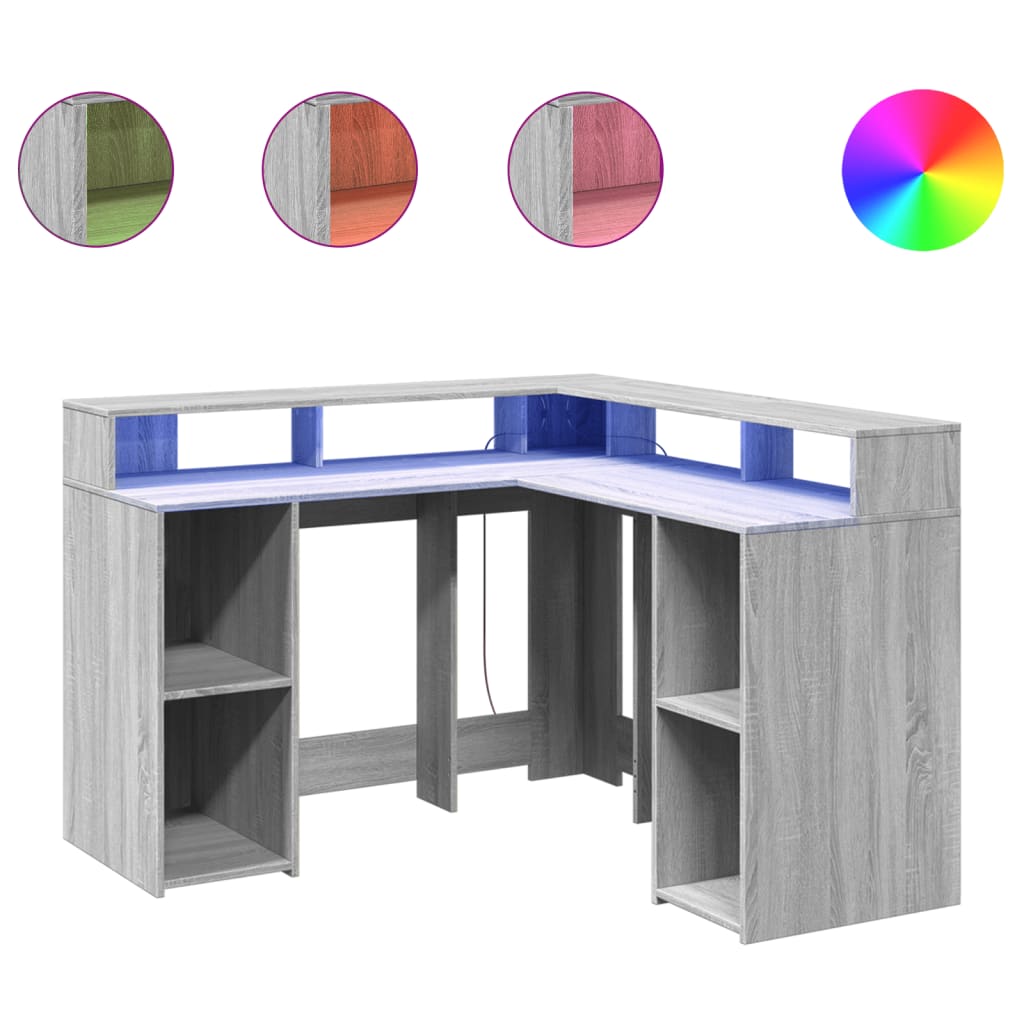 vidaXL Escritorio con LED madera ingeniería gris sonoma 130x130x91cm