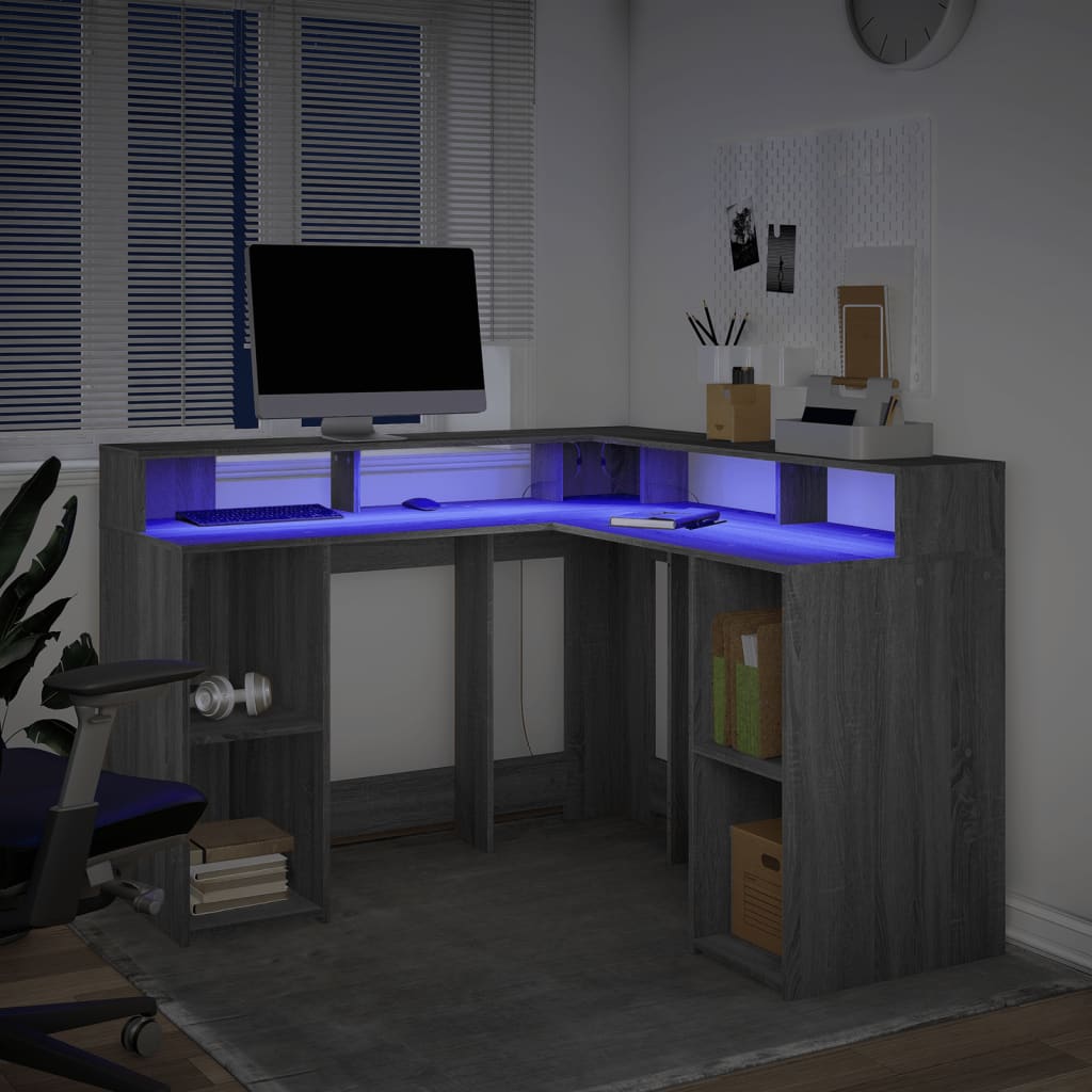 vidaXL Escritorio con LED madera ingeniería gris sonoma 130x130x91cm