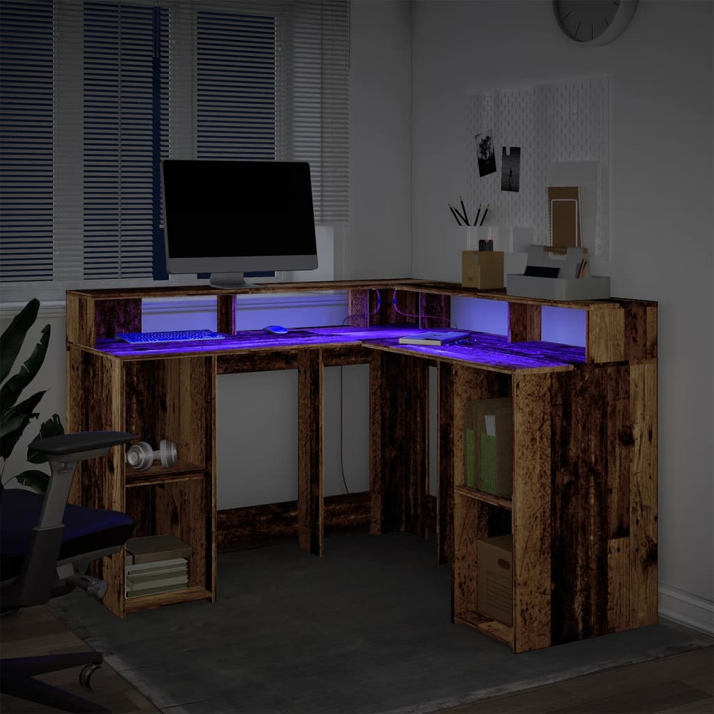 vidaXL Escritorio con LED madera ingeniería envejecida 130x130x91 cm