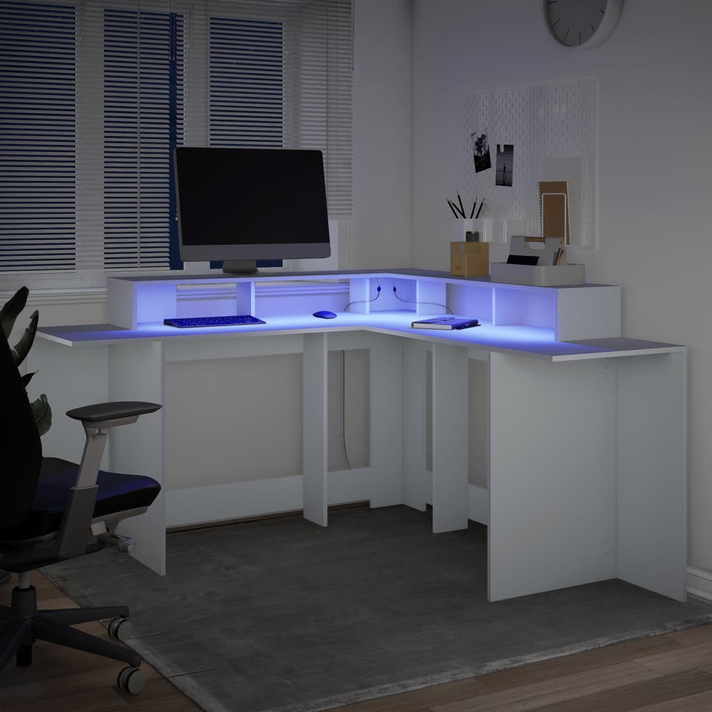 vidaXL Escritorio con luz LED madera ingeniería blanco 152x152x91 cm