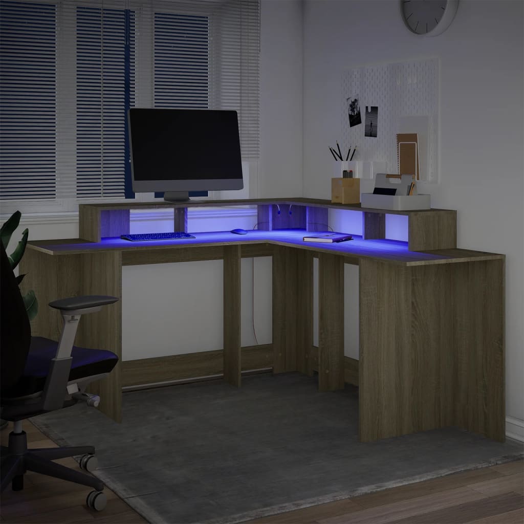 vidaXL Escritorio con LED madera ingeniería roble Sonoma 152x152x91 cm