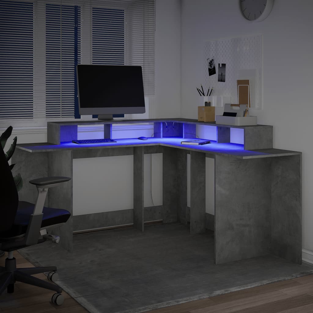 vidaXL Escritorio con LED madera ingeniería gris hormigón 152x152x91cm