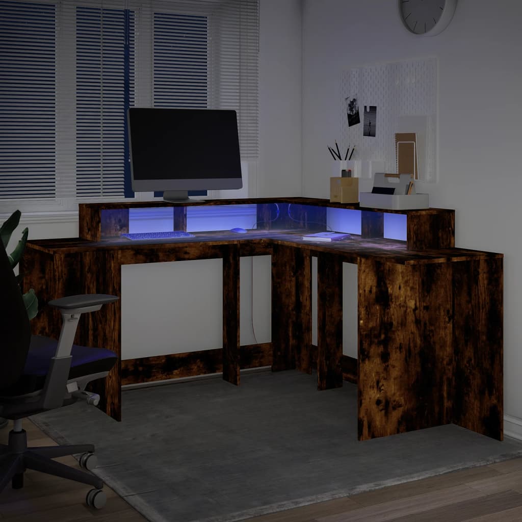 vidaXL Escritorio con LED madera ingeniería roble ahumado 152x152x91cm