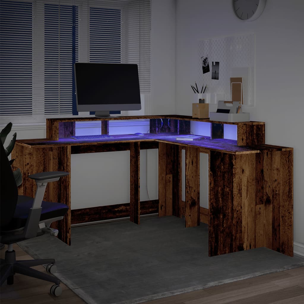 vidaXL Escritorio con LED madera ingeniería envejecida 152x152x91 cm