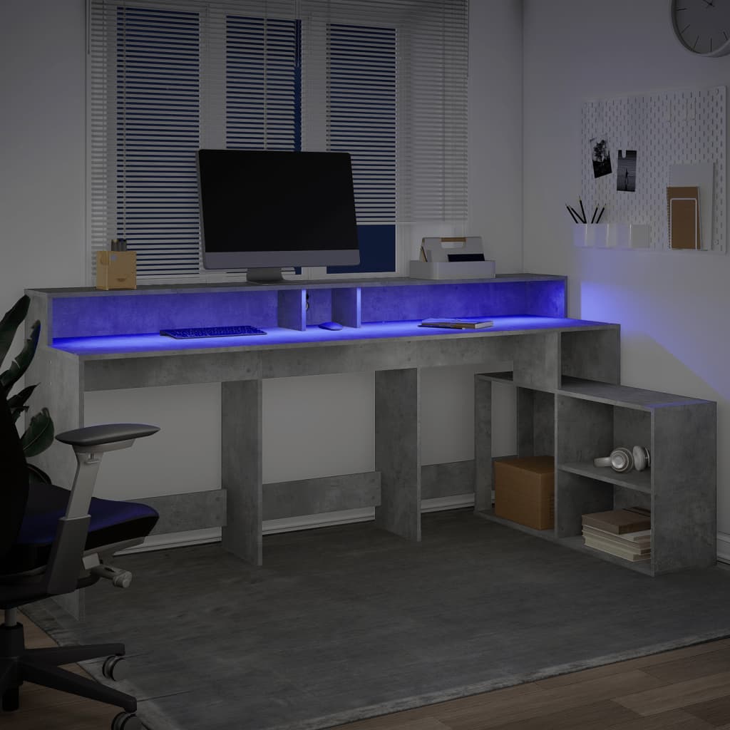 vidaXL Escritorio con LED madera ingeniería gris hormigón 200x104x91cm