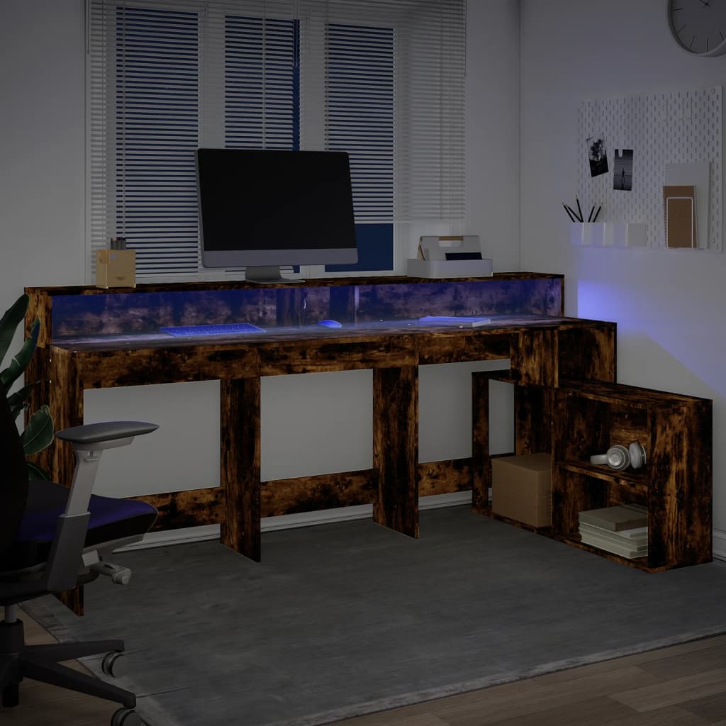 vidaXL Escritorio con LED madera ingeniería roble ahumado 200x104x91cm