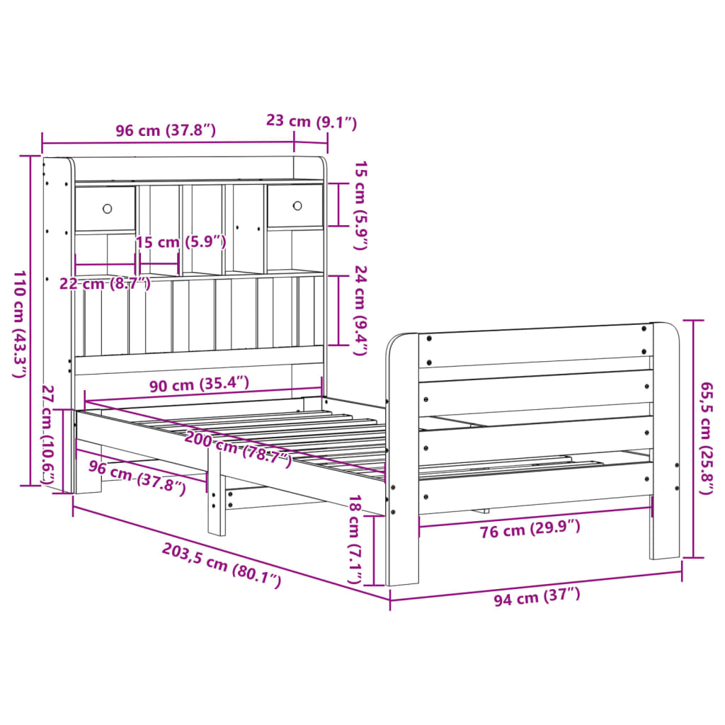 vidaXL Cama con estantería sin colchón madera maciza de pino 90x200 cm