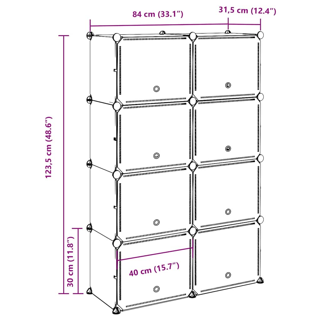 vidaXL Estantería de cubos con 8 compartimentos y puertas PP negro