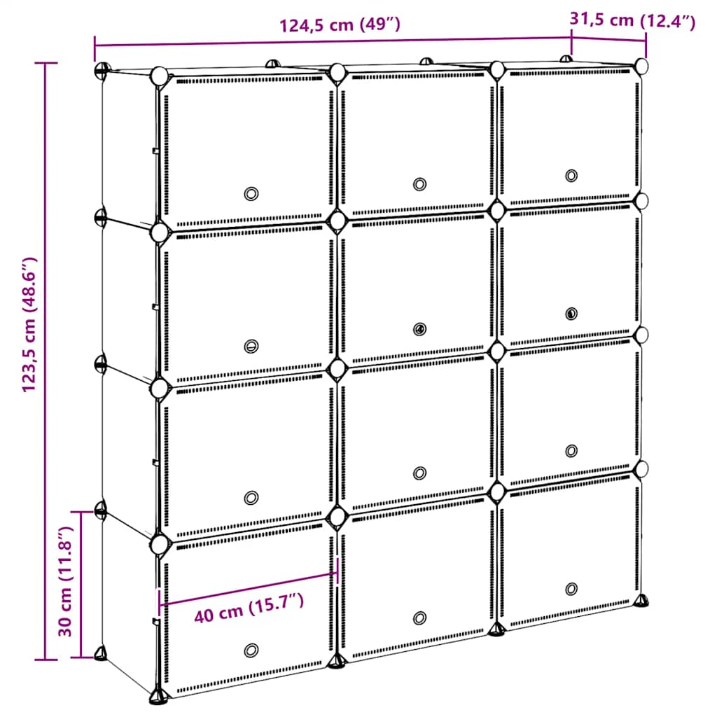 vidaXL Estantería de cubos con 12 compartimentos y puertas PP negro