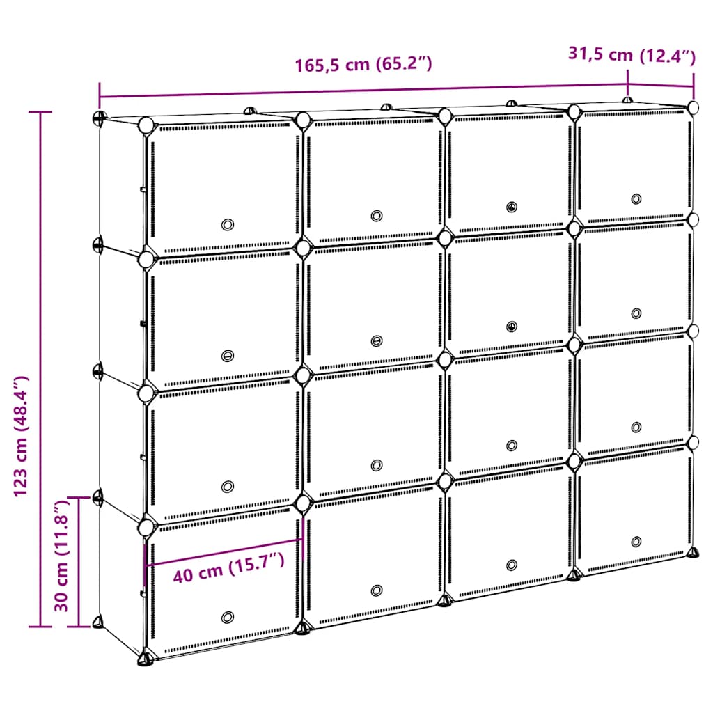 vidaXL Estantería de cubos con 16 compartimentos y puertas PP negro