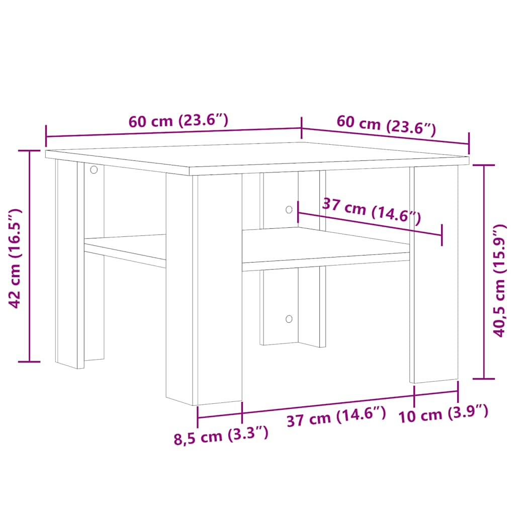 vidaXL Mesa de centro madera contrachapada madera antigua 60x60x42 cm