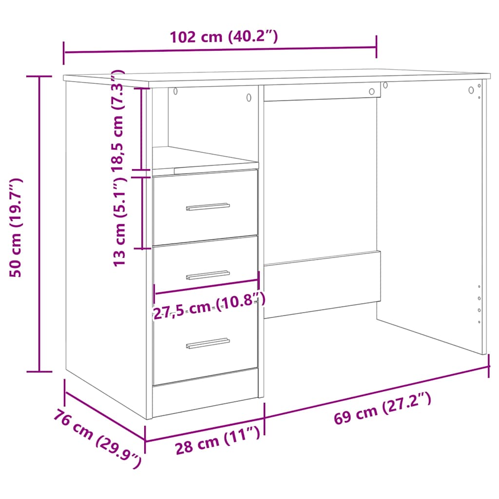 vidaXL Escritorio de madera ingeniería madera envejecida 102x76x50 cm