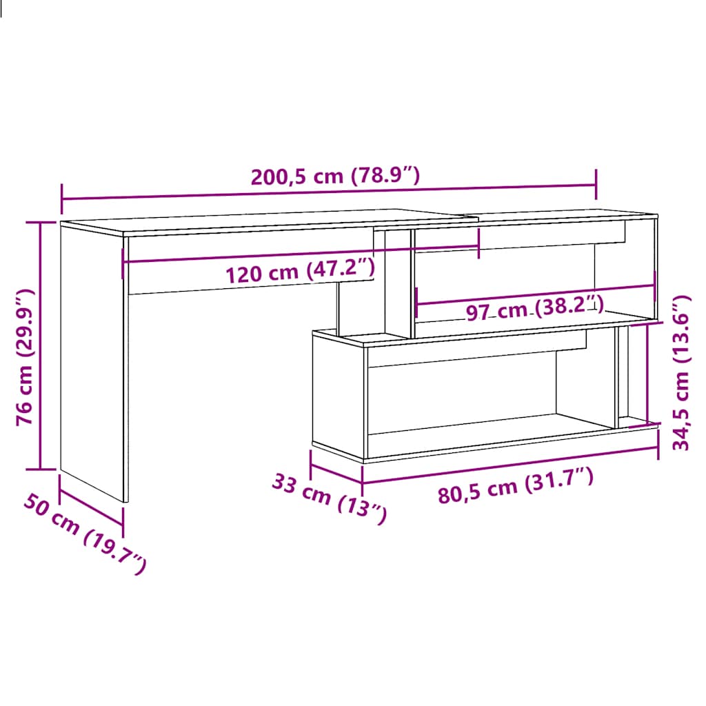 vidaXL Escritorio de esquina madera contrachapada 200,5x50x76 cm