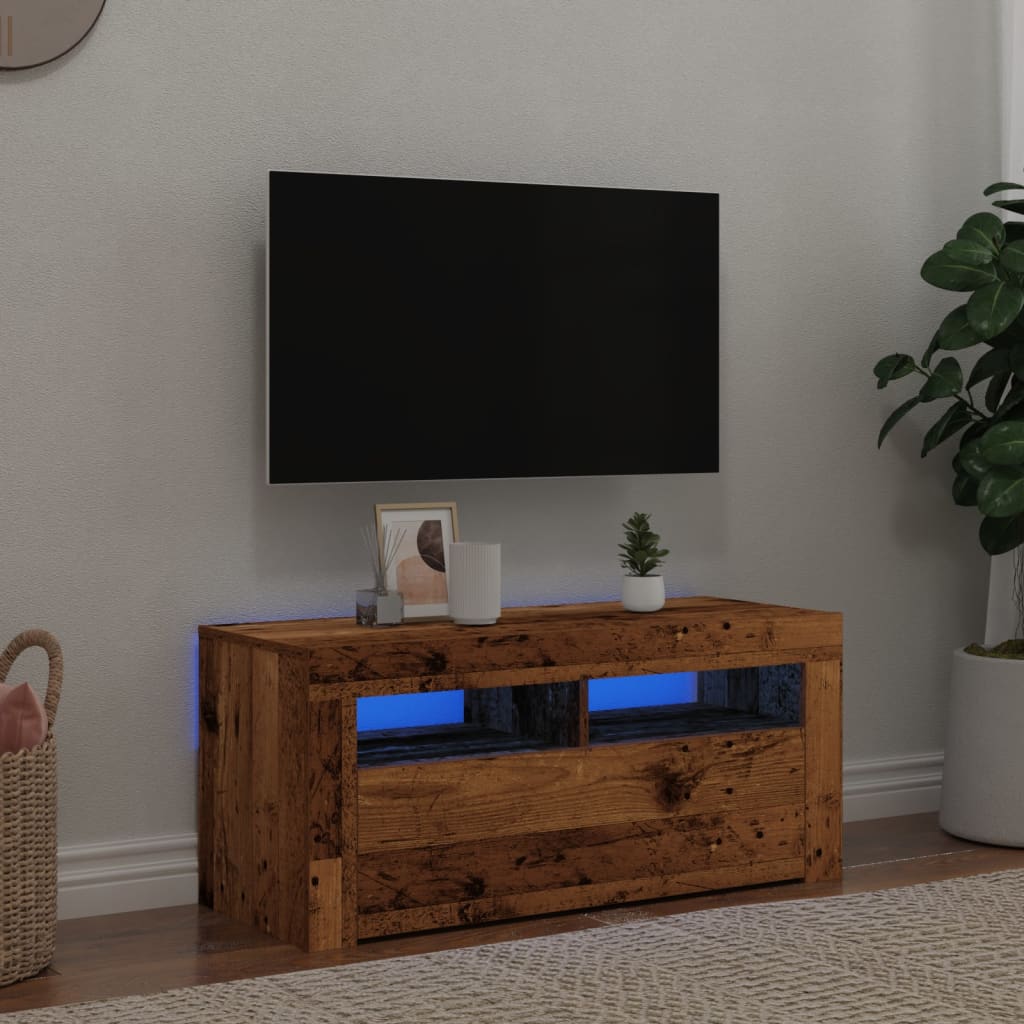 vidaXL Mueble TV luces LED madera ingeniería envejecida 90x35x40 cm