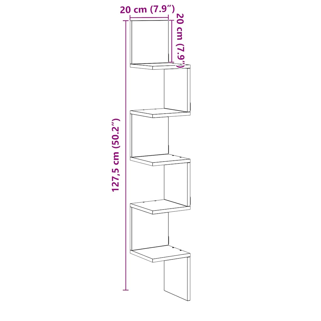 vidaXL Estante de esquina de pared ingeniería envejecida 20x20x127,5cm