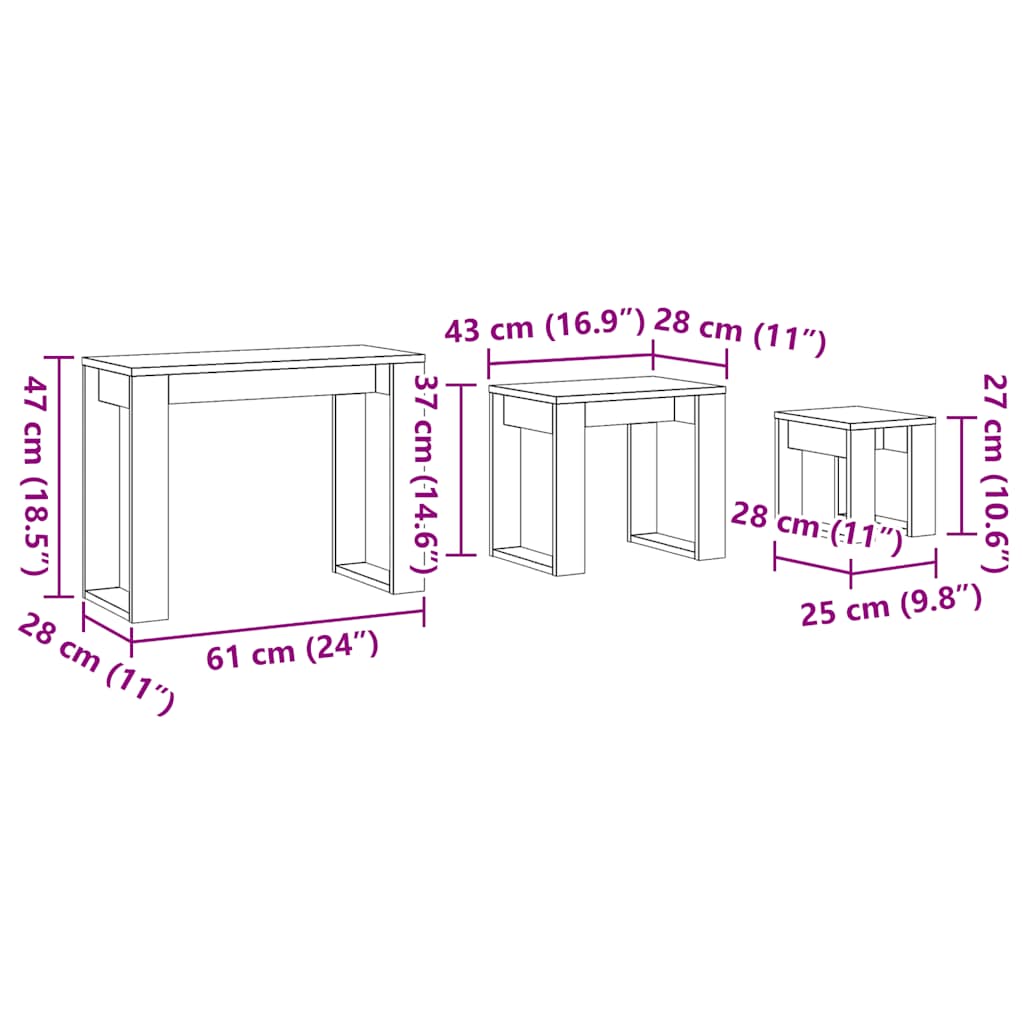 vidaXL Mesas apilables 3 uds madera de ingeniería roble artisan