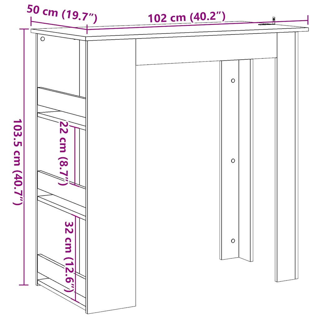 vidaXL Mesa bar con estante almacenaje envejecida 102x50x103,5 cm