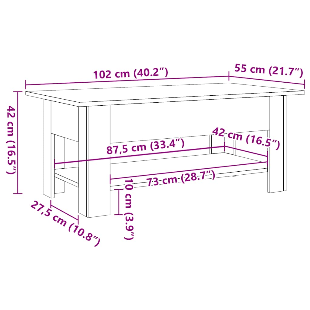 vidaXL Mesa de centro madera ingeniería madera envejecida 102x55x42 cm