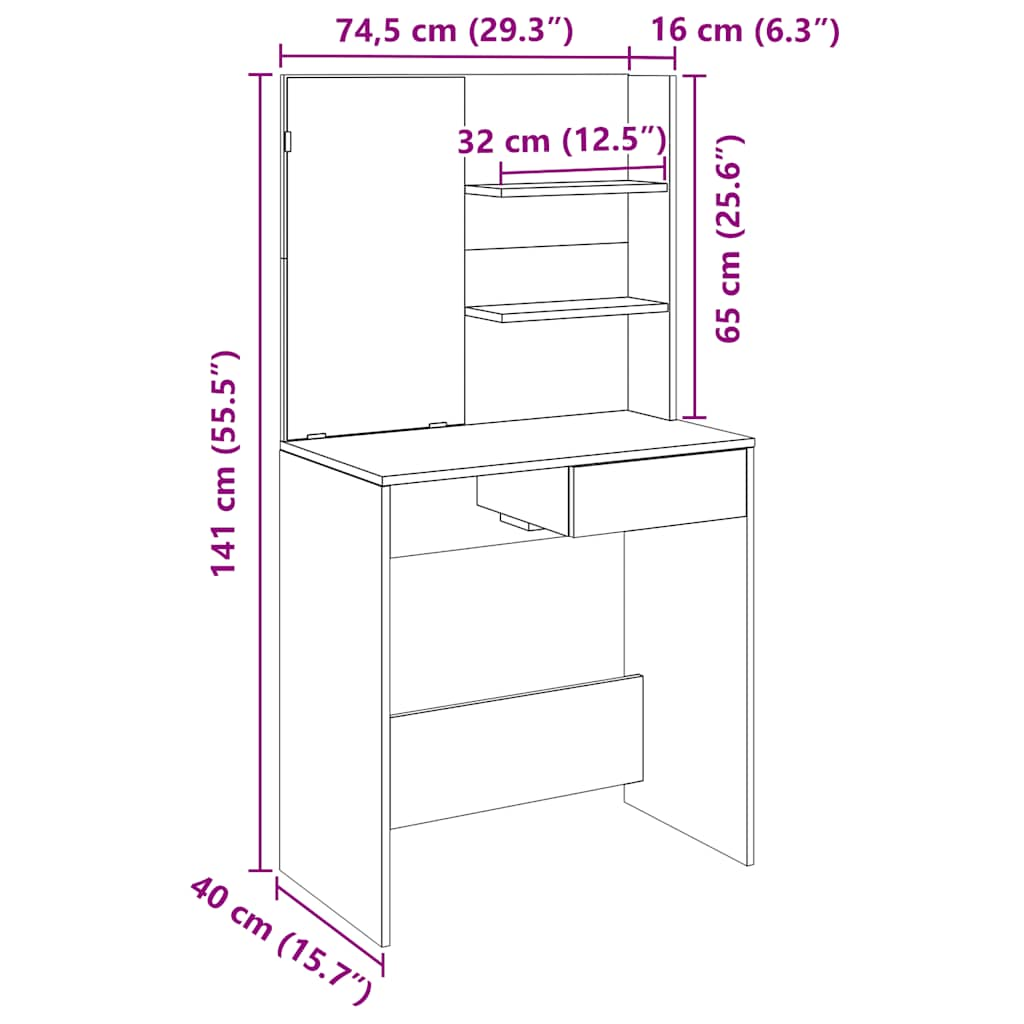 vidaXL Tocador con espejo envejecida 74,5x40x141 cm