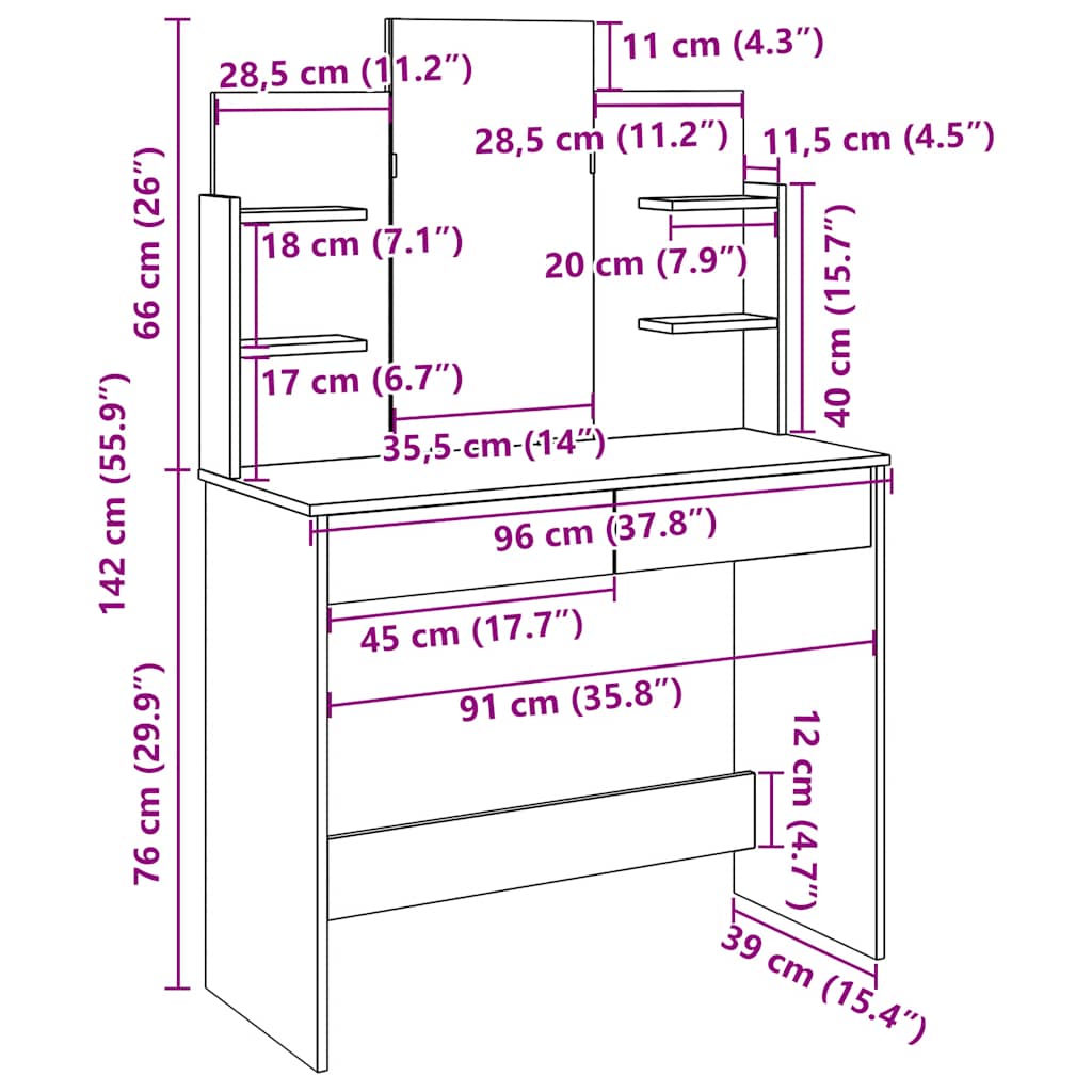 vidaXL Tocador con espejo envejecida 96x39x142 cm