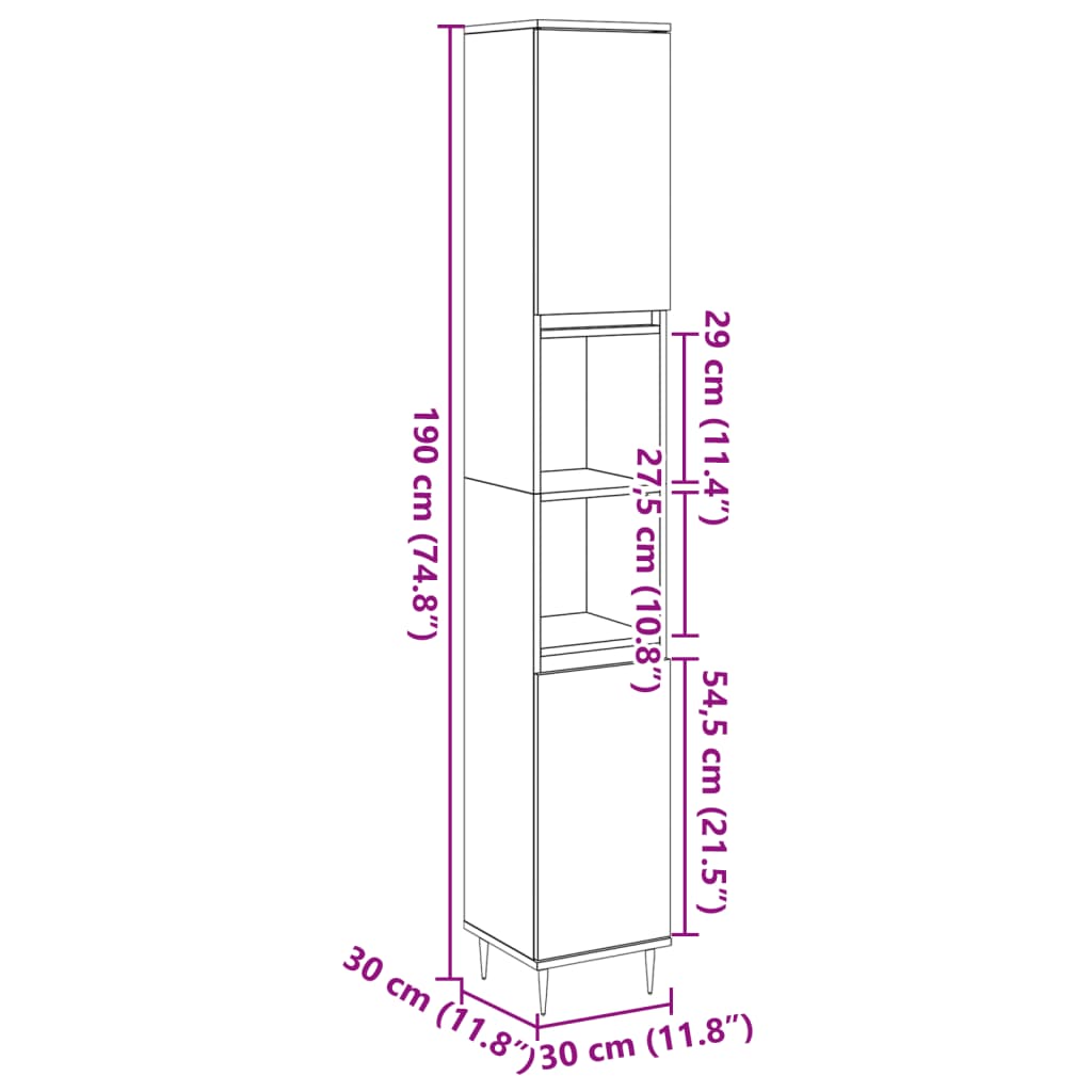 vidaXL Armario de baño madera contrachapada gris hormigón 30x30x190 cm