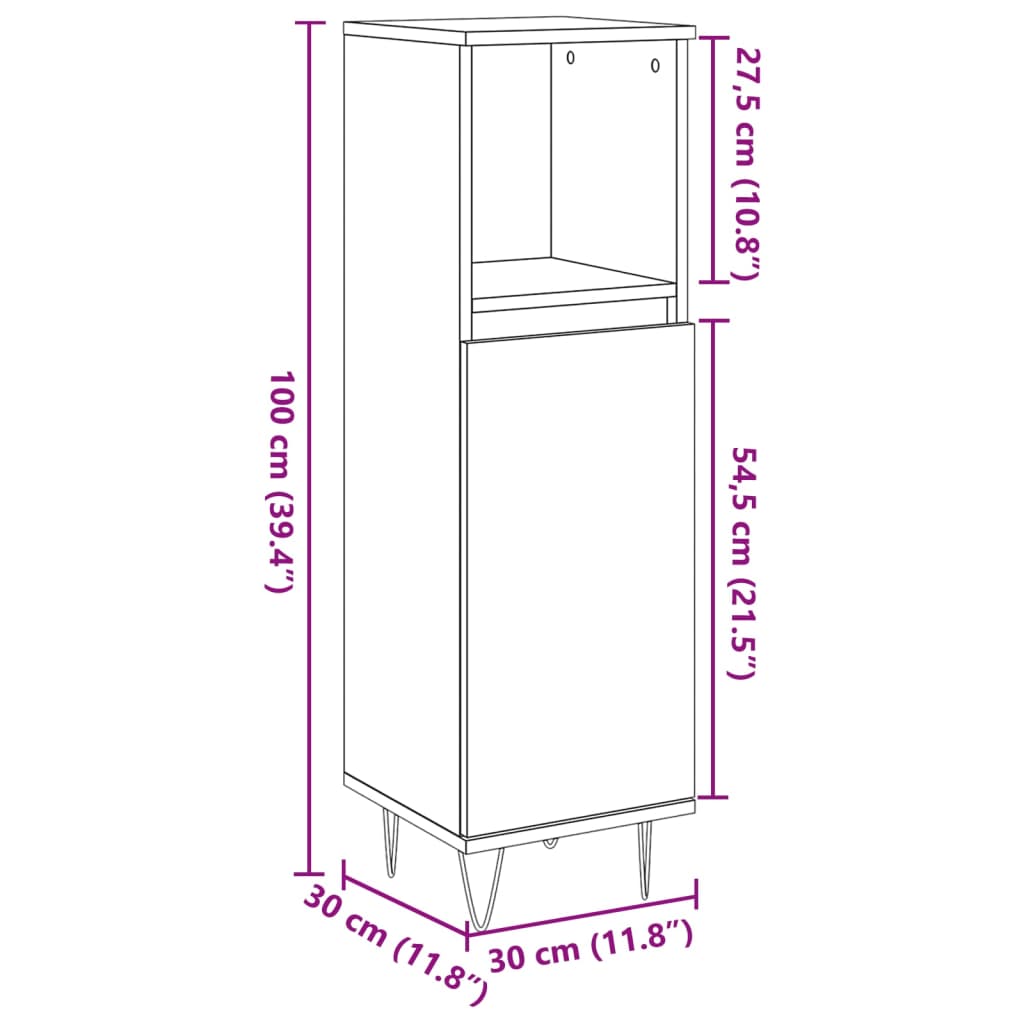 vidaXL Armario de baño madera contrachapada gris hormigón 30x30x100 cm