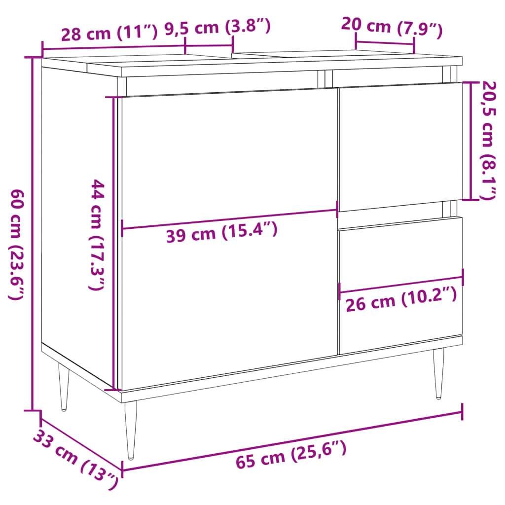 vidaXL Armario de baño madera contrachapada gris hormigón 65x33x60 cm